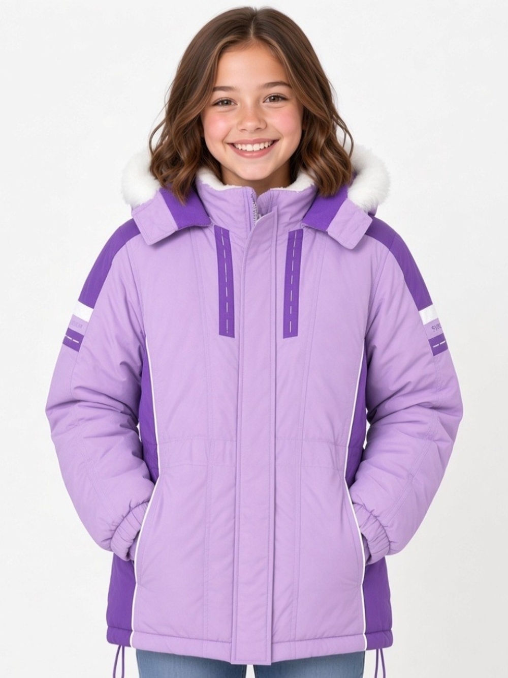 New Arizona Co Girls' Lavender and Purple Puffer Coat with Faux Fur Trim(sz: L)